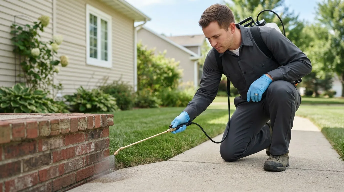 Pest control technician treating a home near Herrick Center, PA
