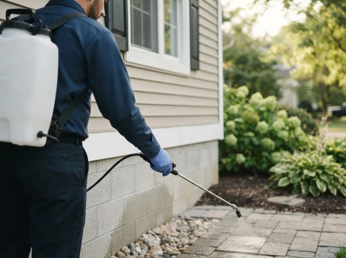 Pest control technician inspecting a home in Herrick Center, PA